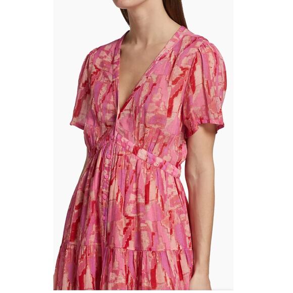 BA&SH Talita Printed Mini Dress Pink Red Short Sleeve Cotton Blend Size Large - Picture 6 of 13